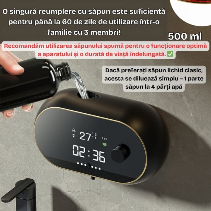 Dozator CLAUSTEEL cu Dispenser automat cu senzor de miscare tactil pentru sapun spuma si dezinfectant,500ML, Display cu afisaj LED, afiseaza temperatura, ora si nivelul de spumare, acumulator 2000mAh, [5]