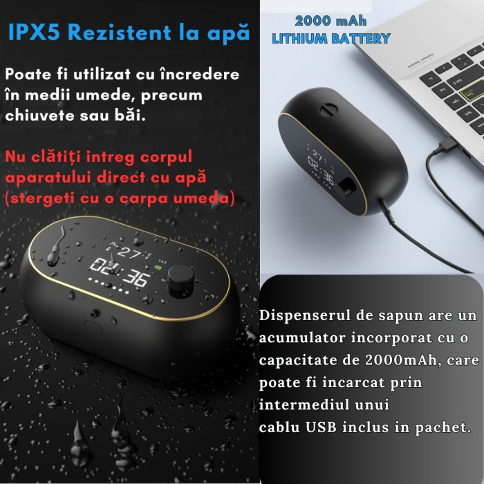 Dozator CLAUSTEEL cu Dispenser automat cu senzor de miscare tactil pentru sapun spuma si dezinfectant,500ML, Display cu afisaj LED, afiseaza temperatura, ora si nivelul de spumare, acumulator 2000mAh, [4]