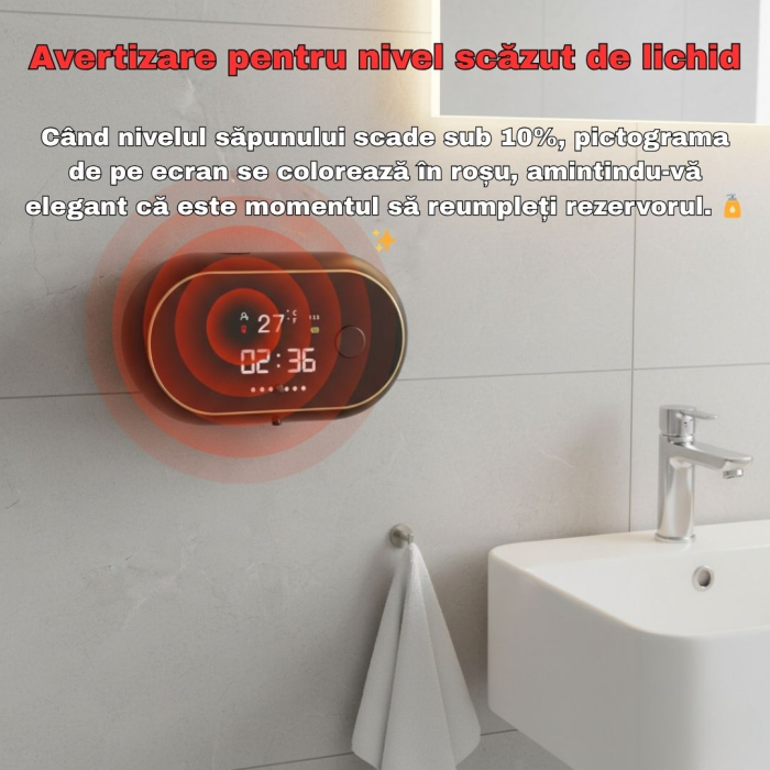 Dozator CLAUSTEEL cu Dispenser automat cu senzor de miscare tactil pentru sapun spuma si dezinfectant,500ML, Display cu afisaj LED, afiseaza temperatura, ora si nivelul de spumare, acumulator 2000mAh, [6]