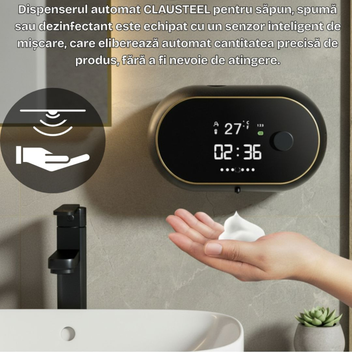 Dozator CLAUSTEEL cu Dispenser automat cu senzor de miscare tactil pentru sapun spuma si dezinfectant,500ML, Display cu afisaj LED, afiseaza temperatura, ora si nivelul de spumare, acumulator 2000mAh, [2]