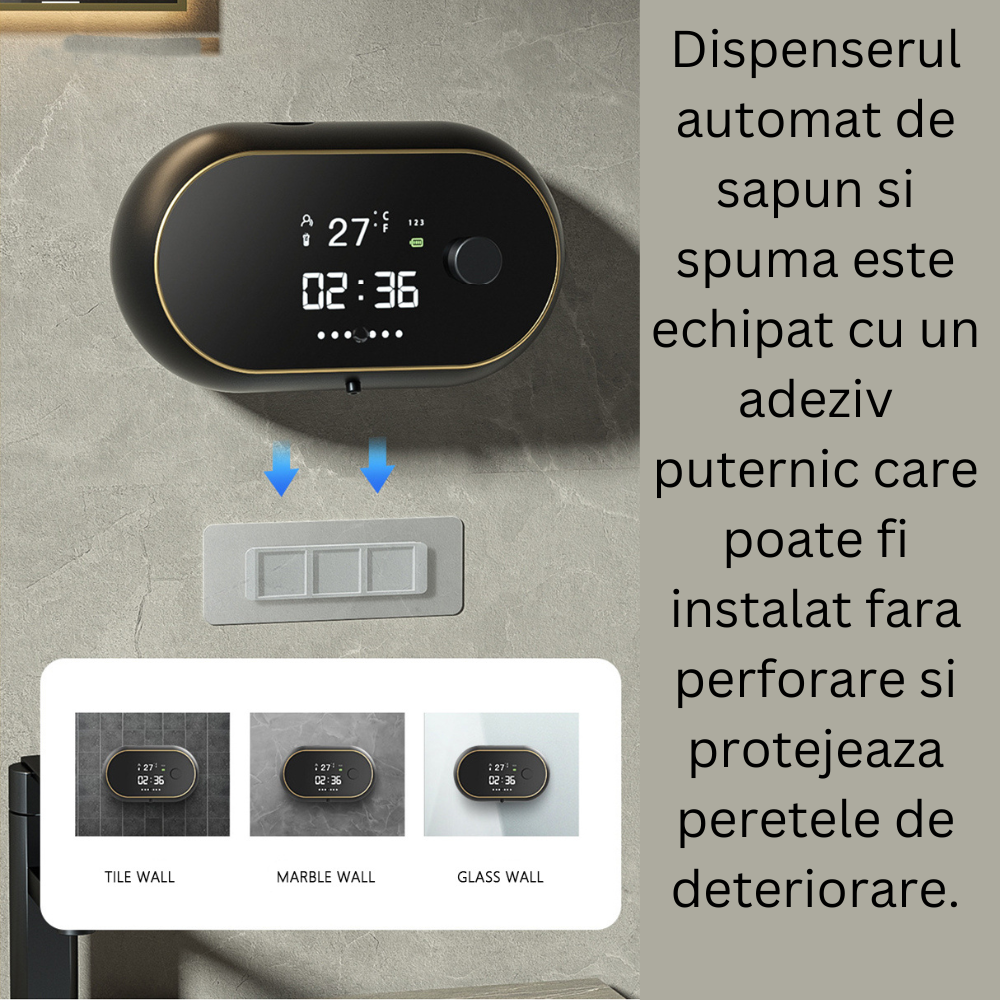 Dozator CLAUSTEEL cu Dispenser automat cu senzor de miscare tactil pentru sapun spuma si dezinfectant,500ML, Display cu afisaj LED, afiseaza temperatura, ora si nivelul de spumare, acumulator 2000mAh, [3]