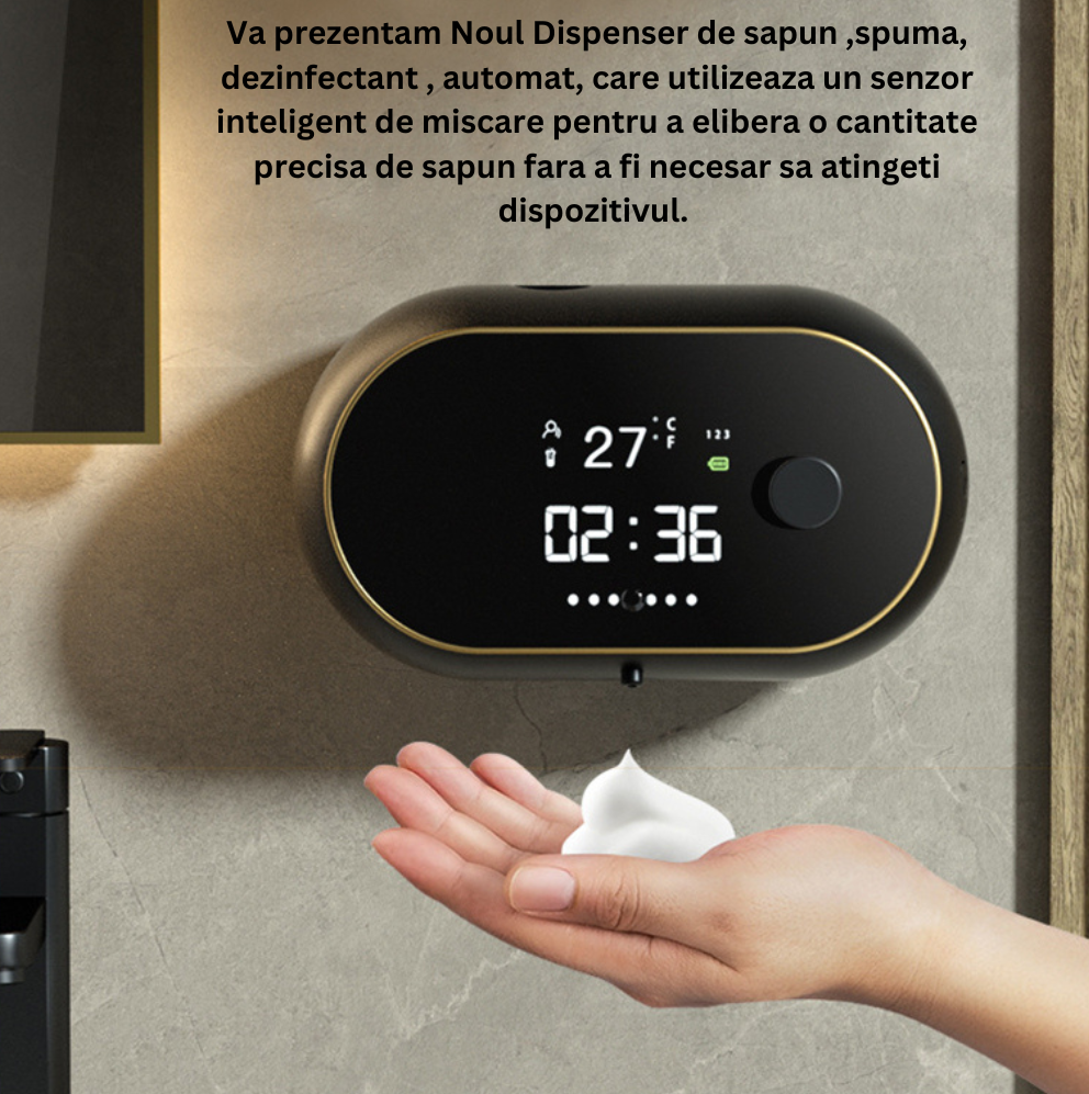 Dozator CLAUSTEEL cu Dispenser automat cu senzor de miscare tactil pentru sapun spuma si dezinfectant,500ML, Display cu afisaj LED, afiseaza temperatura, ora si nivelul de spumare, acumulator 2000mAh, [1]