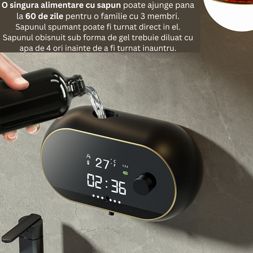 Dozator CLAUSTEEL cu Dispenser automat cu senzor de miscare tactil pentru sapun spuma si dezinfectant,500ML, Display cu afisaj LED, afiseaza temperatura, ora si nivelul de spumare, acumulator 2000mAh, [6]