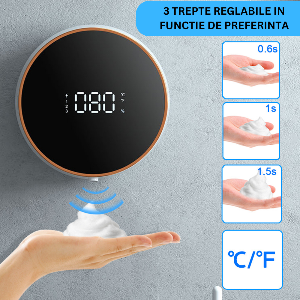 Dozator CLAUSTEEL cu Dispenser automat cu senzor de miscare tactil pentru sapun spuma si dezinfectant, Display cu afisaj LED, afiseaza bateria si nivelul de spumare, negru [4]