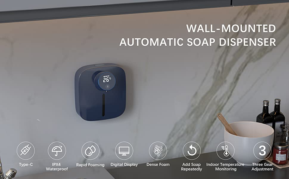 Dozator cu Dispenser automat x101 cu senzor de miscare tactil pentru sapun spuma si dezinfectant, Display cu afisaj LED, afiseaza temperatura si nivelul de spumare, Albastru [5]