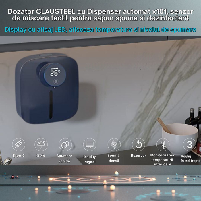 Dozator cu Dispenser automat x101 cu senzor de miscare tactil pentru sapun spuma si dezinfectant, Display cu afisaj LED, afiseaza temperatura si nivelul de spumare, Albastru [2]
