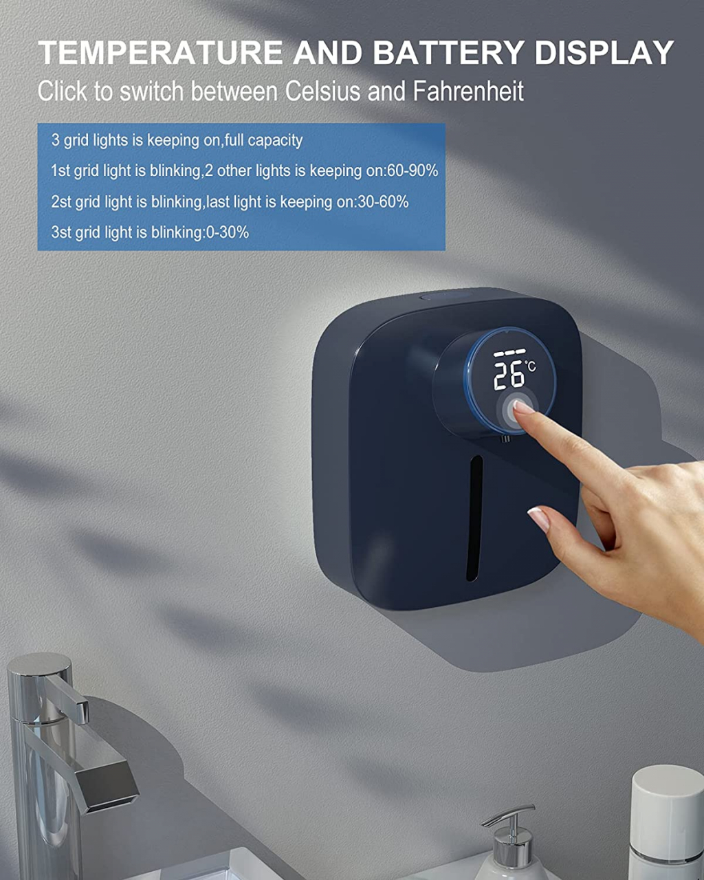 Dozator cu Dispenser automat x101 cu senzor de miscare tactil pentru sapun spuma si dezinfectant, Display cu afisaj LED, afiseaza temperatura si nivelul de spumare, Albastru [6]