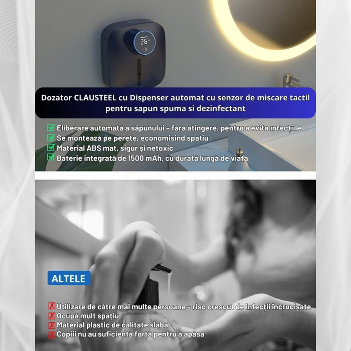 Dozator cu Dispenser automat x101 cu senzor de miscare tactil pentru sapun spuma si dezinfectant, Display cu afisaj LED, afiseaza temperatura si nivelul de spumare, Albastru [8]