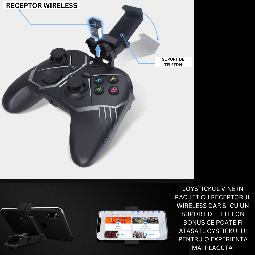 Gamepad Wireless CLAUSTEEL cu vibratie dubla, Acumulator 350mAh, pentru Telefon, Tableta, PC, XBOX, PS3, PS4, Suport pentru telefon inclus [6]