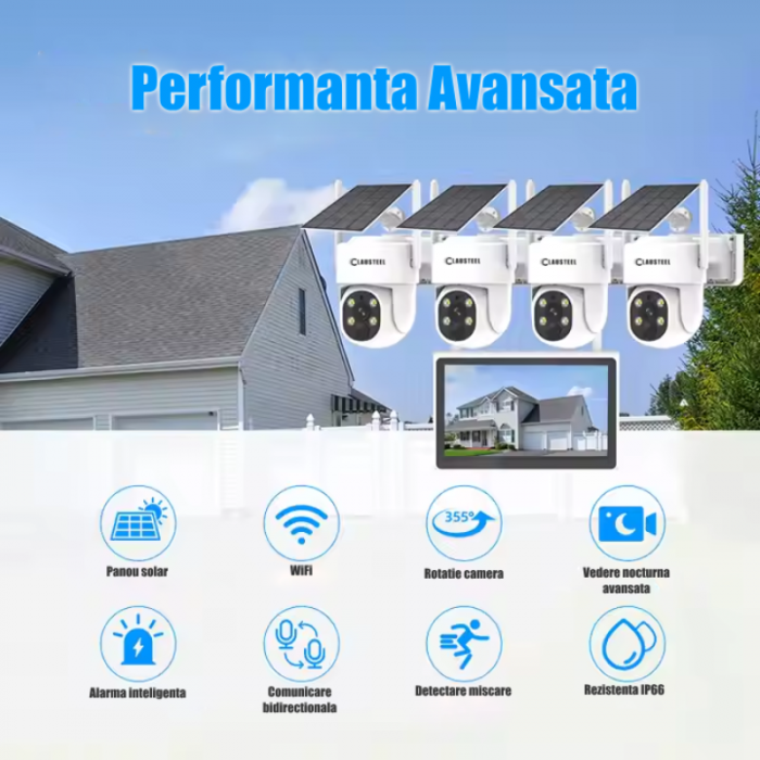 Kit complet cu 4 camere de supraveghere CLAUSTEEL DQ02 cu panou solar, WIFI, 4MPX, acumulator 9000mAh, NVR cu display 10.1 inch, control din aplicatie, senzor de miscare integrat, Night Vision Color, [5]