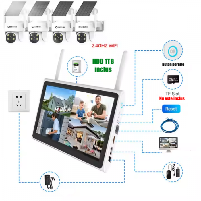 Kit complet cu 4 camere de supraveghere CLAUSTEEL DQ02 cu panou solar, WIFI, 4MPX, acumulator 9000mAh, NVR cu display 10.1 inch, control din aplicatie, senzor de miscare integrat, Night Vision Color, [8]