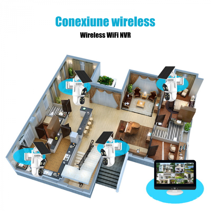 Kit complet cu 4 camere de supraveghere CLAUSTEEL SQ01 cu vedere dubla si panou solar, WIFI, 6MPX, acumulator 7500mAh, NVR cu display 12.5 inch, control din aplicatie, 2 senzori de miscare, Night Visi [4]