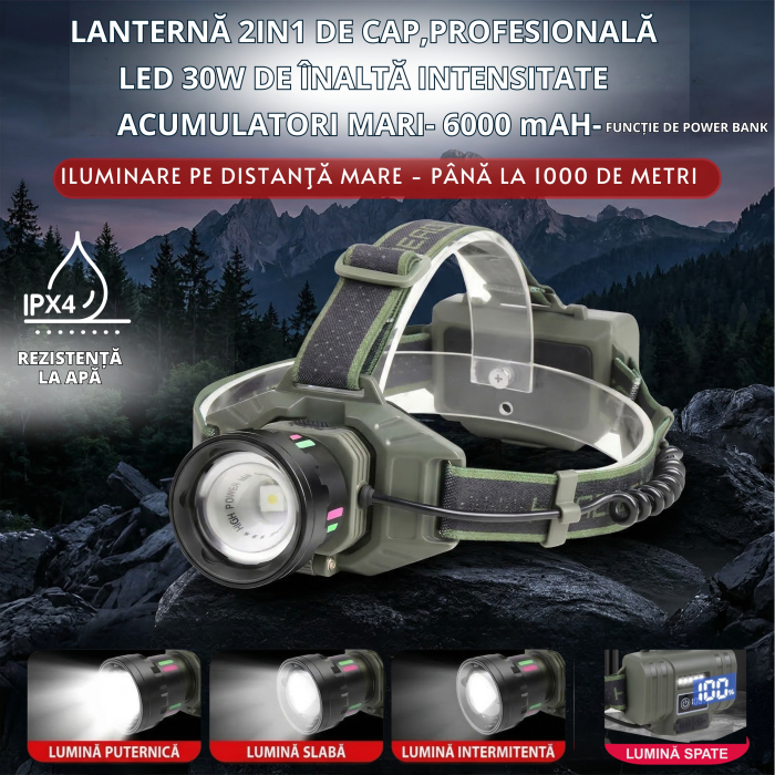 Lanterna de cap 2in1 LED 30W Profesionala din aluminiu , Zoom telescopic pe distanta de 1000 M, 4 moduri de utilizare , Acumulatori 6000 mAh , Functie de powerbank pentru incarcarea telefonului , Ajus [2]