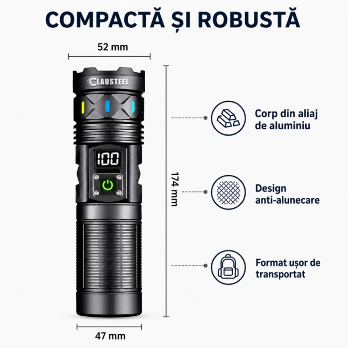 Lanterna de mana profesionala CLAUSTEEL, LED 40W, zoom telescopic 1.5 km, 3 moduri de iluminare, acumulator 6000 mAh, power bank, afisaj digital al bateriei, ideala pentru pescuit, vanatoare, camping, [7]