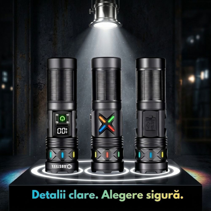 Lanterna de mana profesionala CLAUSTEEL, LED 40W, zoom telescopic 1.5 km, 3 moduri de iluminare, acumulator 6000 mAh, power bank, afisaj digital al bateriei, ideala pentru pescuit, vanatoare, camping, [8]