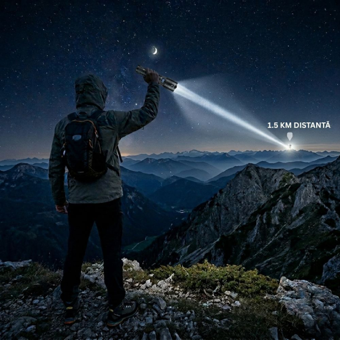 Lanterna de mana profesionala CLAUSTEEL, LED 40W, zoom telescopic 1.5 km, 3 moduri de iluminare, acumulator 6000 mAh, power bank, afisaj digital al bateriei, ideala pentru pescuit, vanatoare, camping, [6]