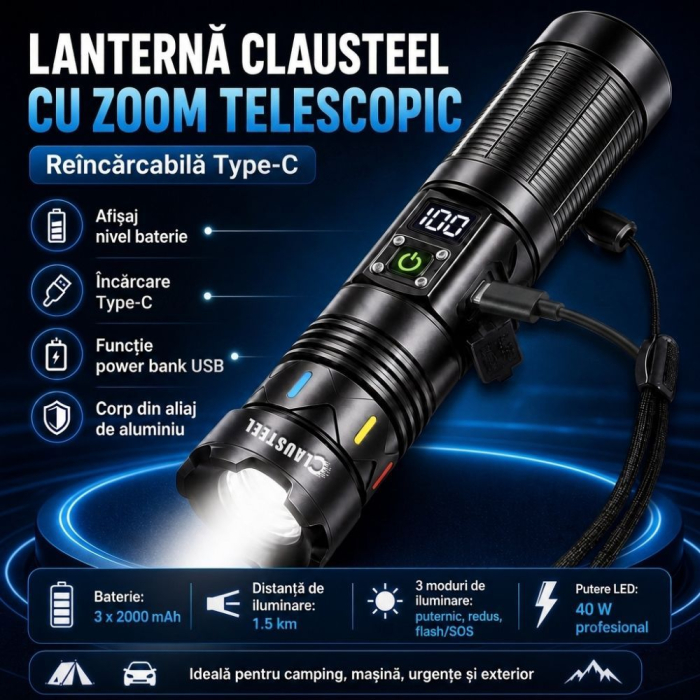 Lanterna de mana profesionala CLAUSTEEL, LED 40W, zoom telescopic 1.5 km, 3 moduri de iluminare, acumulator 6000 mAh, power bank, afisaj digital al bateriei, ideala pentru pescuit, vanatoare, camping, [2]