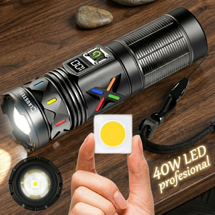 Lanterna de mana profesionala CLAUSTEEL, LED 40W, zoom telescopic 1.5 km, 3 moduri de iluminare, acumulator 6000 mAh, power bank, afisaj digital al bateriei, ideala pentru pescuit, vanatoare, camping, [5]