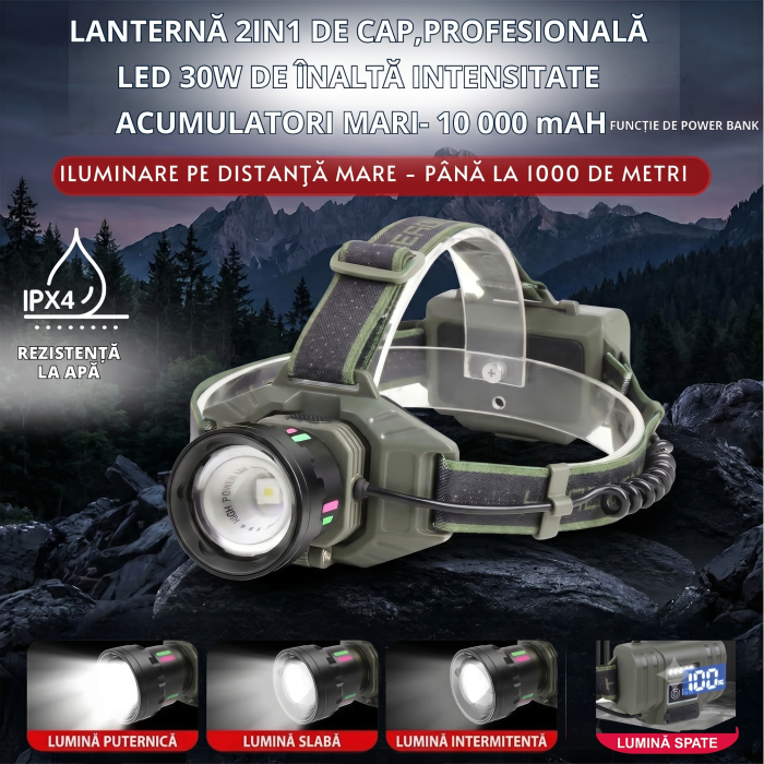 Lanterna frontala LED 30W CLAUSTEEL 2in1, zoom telescopic 1000 m, 4 moduri, acumulator 10000 mAh, powerbank, reglaj 180°, afisaj baterie, IPX4, pescuit, vanatoare, drumetii, camping [2]