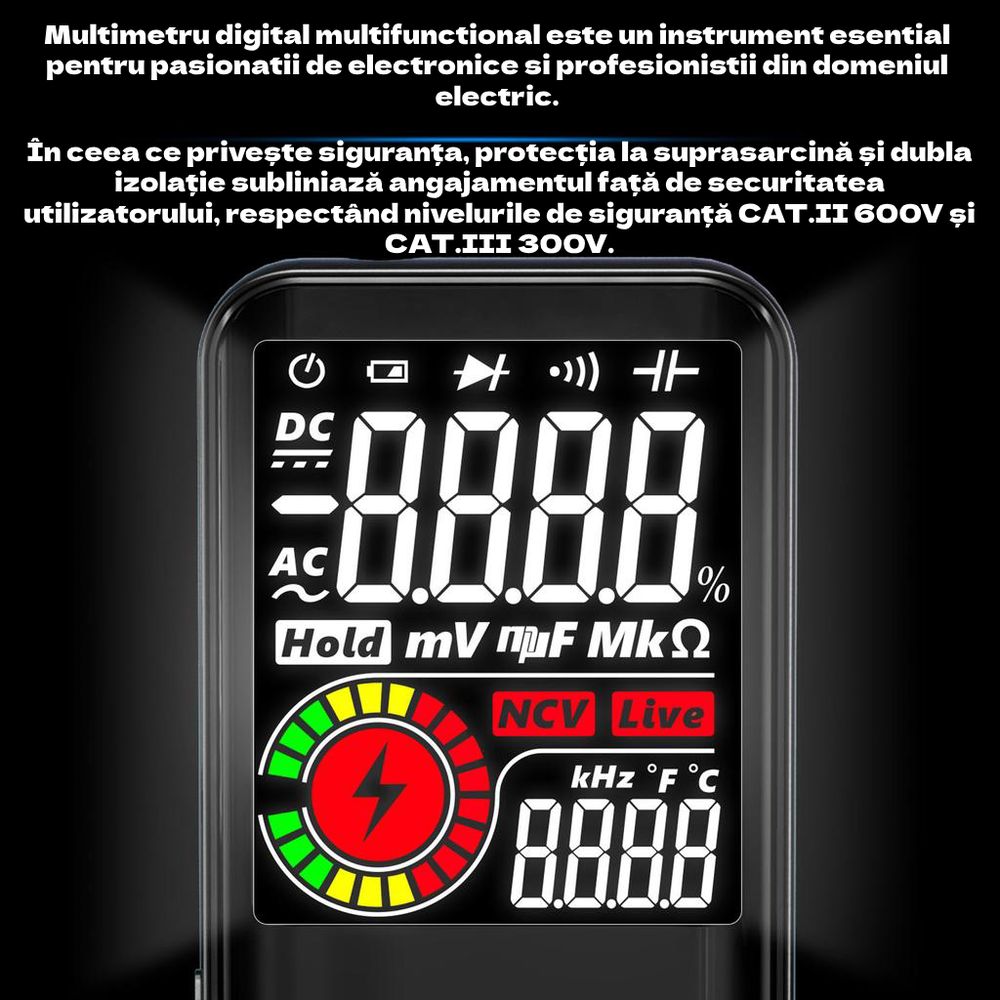 Multimetru Digital Multifunctional CLAUSTEEL BSIDE, Functii automate de masurare a Tensiunii, Rezistentei, Continuitatii, Capacitatii, Frecventei si detectare a firelor LIVE [10]
