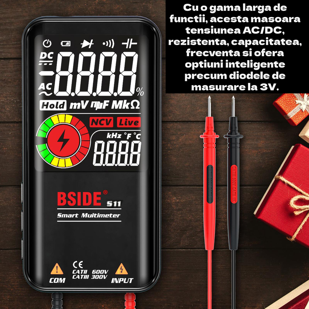 Multimetru Digital Multifunctional CLAUSTEEL BSIDE, Functii automate de masurare a Tensiunii, Rezistentei, Continuitatii, Capacitatii, Frecventei si detectare a firelor LIVE [6]