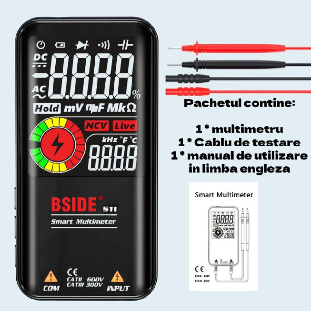 Multimetru Digital Multifunctional CLAUSTEEL BSIDE, Functii automate de masurare a Tensiunii, Rezistentei, Continuitatii, Capacitatii, Frecventei si detectare a firelor LIVE [8]