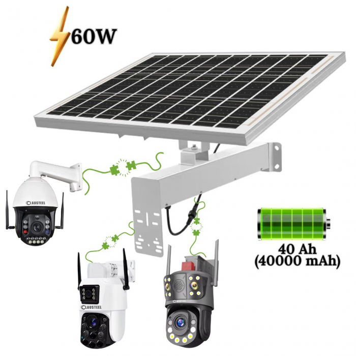 Panou solar CLAUSTEEL pentru camere de supraveghere, 60W, 12V, acumulator inclus 40 Ah, monocristalin, IP67, incarcare si stocare energie, autonomie până la 20h cu doar 1h de încărcare [2]