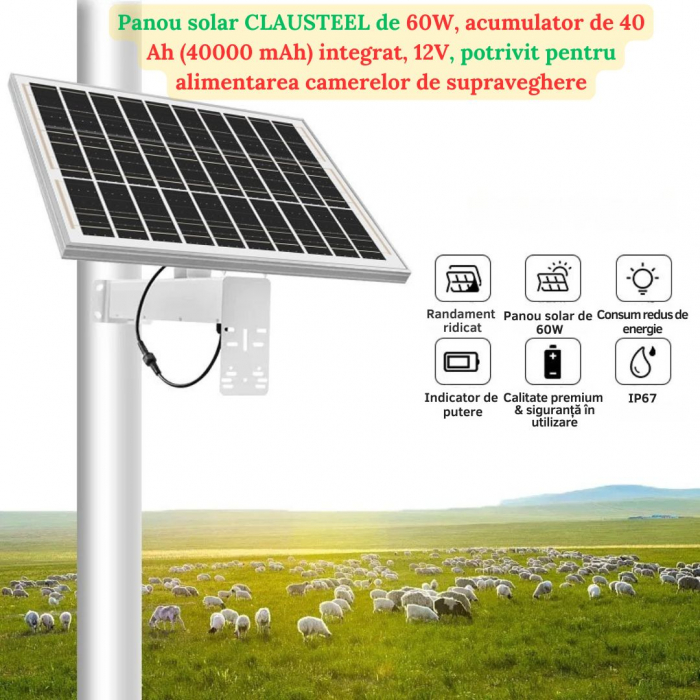 Panou solar CLAUSTEEL pentru camere de supraveghere, 60W, 12V, acumulator inclus 40 Ah, monocristalin, IP67, incarcare si stocare energie, autonomie până la 20h cu doar 1h de încărcare [3]