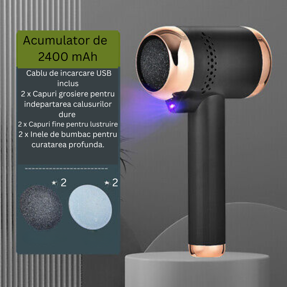 Pila Electrica Pentru Talpi si Calcaie CLAUSTEEL, Acumulator 2400 mAh Quick Charge, Lumina LED, 4 Capete de Slefuit, Sistem de Vacuum Incorporat, Dezinfectare cu Lumina Violeta, Incarcare USB [1]