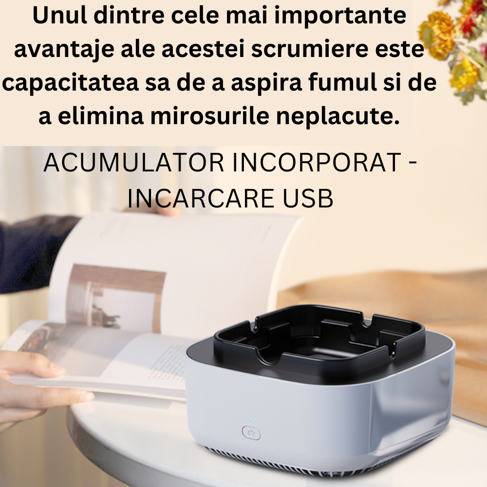 Scrumiera electrica CLAUSTEEL cu purificator de aer incorporat, Pastila de aromaterapie inclusa, Aspira fumul si elimina mirosurile neplacute, Acumulator lithiu incorporat, Incarcare Usb, Gri [6]