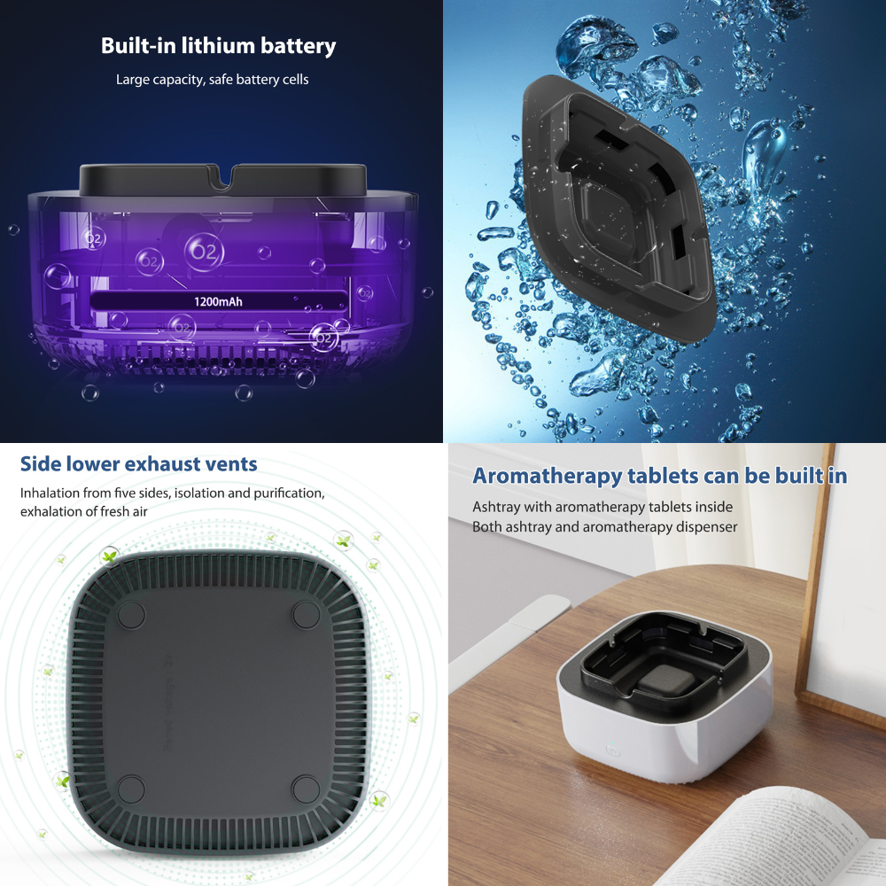 Scrumiera electrica CLAUSTEEL cu purificator de aer incorporat, Pastila de aromaterapie inclusa, Aspira fumul si elimina mirosurile neplacute, Acumulator lithiu incorporat, Incarcare Usb, Gri [3]