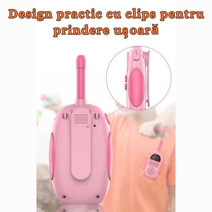 Set 2 statii Walkie Talkie CLAUSTEEL, Acumulator 1000mAh, Incarcare USB, Antena si Lanterna, Raza de Actiune 3-5 km, Functia VOX, 22 de canale, Afisaj LCD, Plastic, Ideal pentru copii cu varsta +3 ani [6]