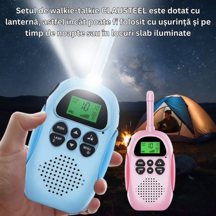 Set 2 statii Walkie Talkie CLAUSTEEL, Acumulator 1000mAh, Incarcare USB, Antena si Lanterna, Raza de Actiune 3-5 km, Functia VOX, 22 de canale, Afisaj LCD, Plastic, Ideal pentru copii cu varsta +3 ani [5]