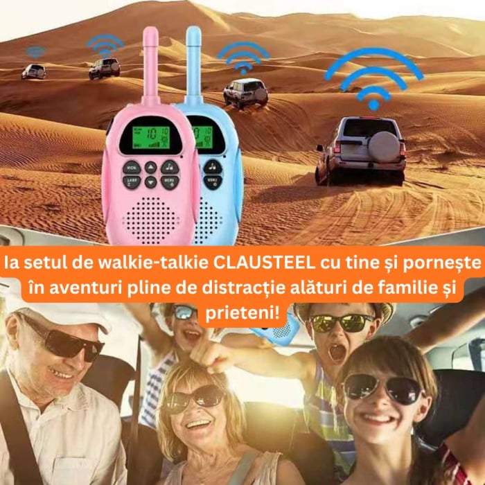 Set 2 statii Walkie Talkie CLAUSTEEL, Acumulator 1000mAh, Incarcare USB, Antena si Lanterna, Raza de Actiune 3-5 km, Functia VOX, 22 de canale, Afisaj LCD, Plastic, Ideal pentru copii cu varsta +3 ani [7]