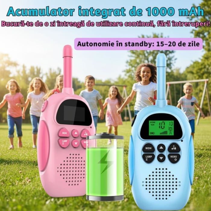 Set 2 statii Walkie Talkie CLAUSTEEL, Acumulator 1000mAh, Incarcare USB, Antena si Lanterna, Raza de Actiune 3-5 km, Functia VOX, 22 de canale, Afisaj LCD, Plastic, Ideal pentru copii cu varsta +3 ani [4]