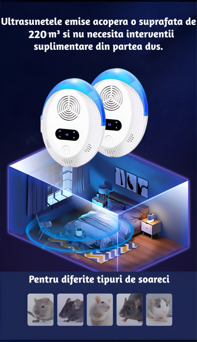 Set cu 2 Aparate profesionale cu ultrasunete CLAUSTEEL, anti rozatoare, anti sobolani, anti insecte, frecventa 20kHz-65kHz, afisaj digital, acoperire 360°, raza 220 MP, Alb [2]