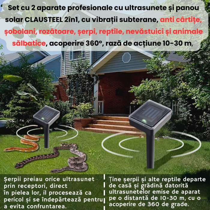 Set cu doua aparate cu ultrasunetele si panou solar profesionale CLAUSTEEL, 2in1 cu vibratii subterane impotriva cartitelor, rozatoarelor, sobolanilor, serpilor, reptilelor, acoperire 360 de grade pe [4]