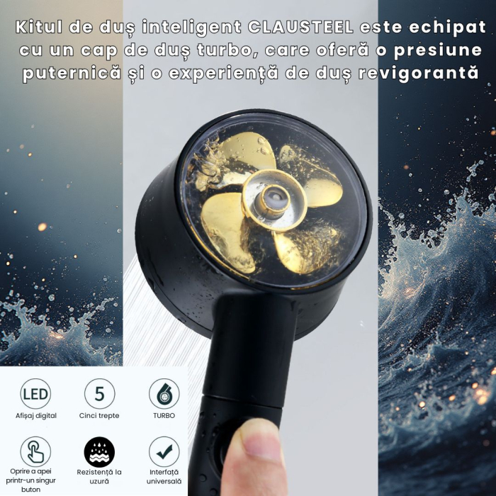 Set de Dus inteligent cu afisaj digital al temperaturii, Cap de dus de inalta presiune cu Suport si Furtun incluse si 5 moduri de functionare, negru [2]