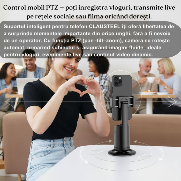 Suport inteligent de telefon, rotativ 360°, profesional, cu urmarire automata a fetei si telecomanda bluetooth, ideal pentru Vlog, Tik Tok, Streaming, Negru [3]