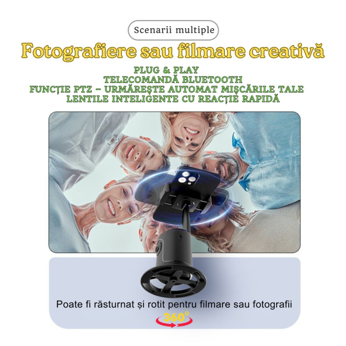 Suport inteligent de telefon, rotativ 360°, profesional, cu urmarire automata a fetei si telecomanda bluetooth, ideal pentru Vlog, Tik Tok, Streaming, Negru [2]
