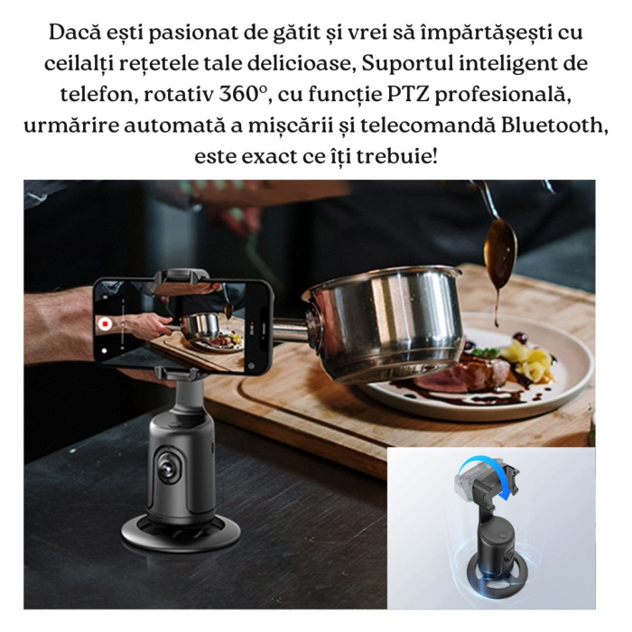 Suport inteligent de telefon, rotativ 360°, profesional, cu urmarire automata a fetei si telecomanda bluetooth, ideal pentru Vlog, Tik Tok, Streaming, Negru [8]