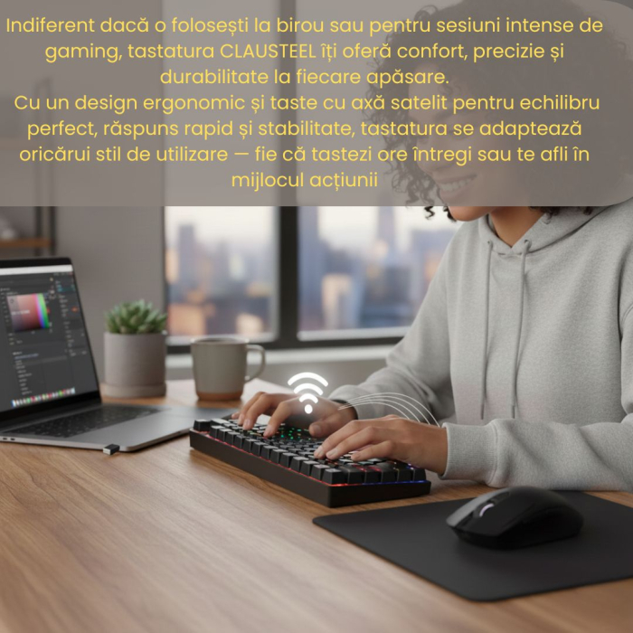 Tastatura Mecanica Wireless 2.4Ghz CLAUSTEEL, 68 Taste, Bluetooth, 15M Range, Cablu, RGB, Functie Hot-Swap, Compatibila Mac/Windows/IOS/Android, Incarcare USB, Acumulator 3000 mAh, Neagra [4]