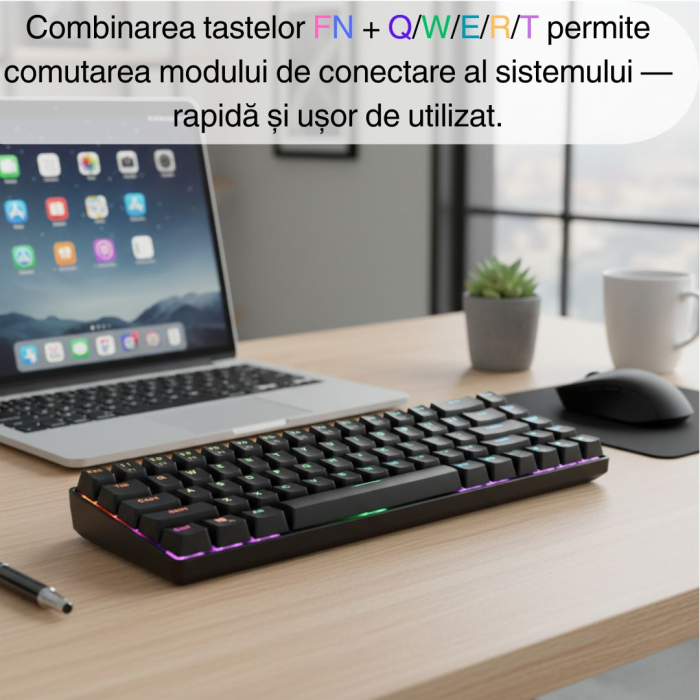 Tastatura Mecanica Wireless 2.4Ghz CLAUSTEEL, 68 Taste, Bluetooth, 15M Range, Cablu, RGB, Functie Hot-Swap, Compatibila Mac/Windows/IOS/Android, Incarcare USB, Acumulator 3000 mAh, Neagra [5]