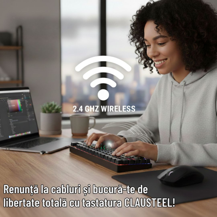 Tastatura Mecanica Wireless 2.4Ghz CLAUSTEEL, 68 Taste, Bluetooth, 15M Range, Cablu, RGB, Functie Hot-Swap, Compatibila Mac/Windows/IOS/Android, Incarcare USB, Acumulator 3000 mAh, Neagra [2]