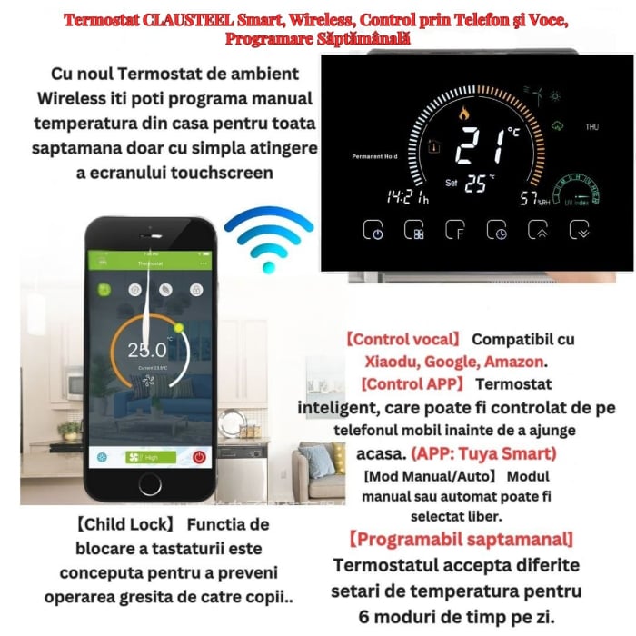 Termostat de Ambient CLAUSTEEL, Afisaj LCD color 4,8 inch, Wireless Touchscreen, Programare Saptamanala, Smart, Control de la Orice Distanta,  Afiseaza vremea si umiditate [4]