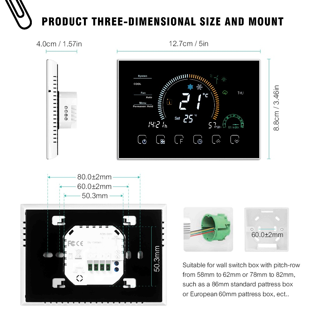 Termostat de Ambient CLAUSTEEL, Afisaj LCD color 4,8 inch, Wireless Touchscreen, Programare Saptamanala, Smart, Control de la Orice Distanta, Compatibil cu Orice Centrala, Afiseaza vremea si umiditate [8]