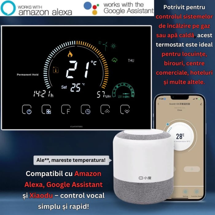 Termostat de Ambient CLAUSTEEL, Afisaj LCD color 4,8 inch, Wireless Touchscreen, Programare Saptamanala, Smart, Control de la Orice Distanta,  Afiseaza vremea si umiditate [3]