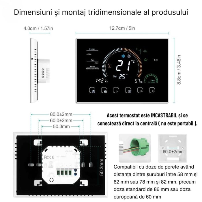 Termostat de Ambient CLAUSTEEL, Afisaj LCD color 4,8 inch, Wireless Touchscreen, Programare Saptamanala, Smart, Control de la Orice Distanta,  Afiseaza vremea si umiditate [10]