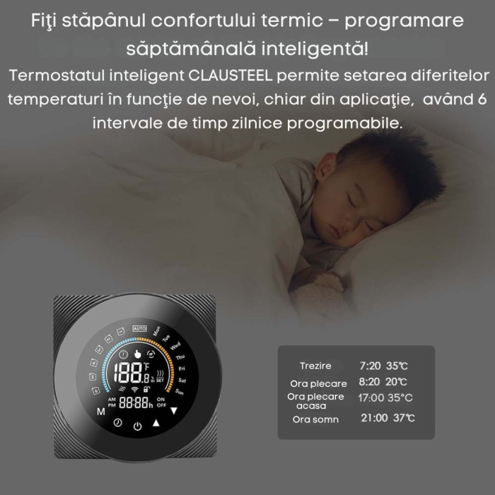 Termostat de Ambient CLAUSTEEL, Design modern, Wireless, Programare Saptamanala, Smart, Control de la Orice Distanta, Compatibil cu Orice Centrala, Afisereaza temperatura si ora, Incastrabil [2]