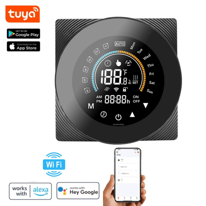 Termostat de Ambient CLAUSTEEL, Design modern, Wireless, Programare Saptamanala, Smart, Control de la Orice Distanta, Compatibil cu Orice Centrala, Afisereaza temperatura si ora, Incastrabil [1]